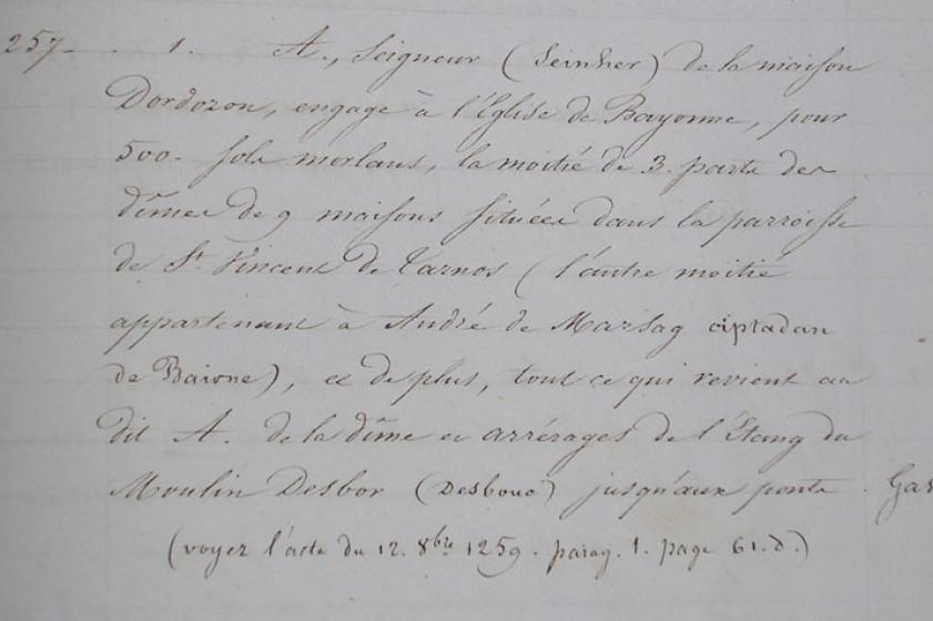 Document des archives municipales de Tarnos mentionnant la vente du terrain sur lequel est bati l'église Saint-Vincent