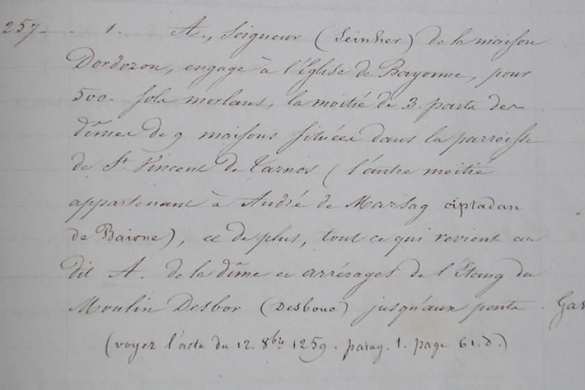 Document des archives municipales de Tarnos mentionnant la vente du terrain sur lequel est bati l'église Saint-Vincent